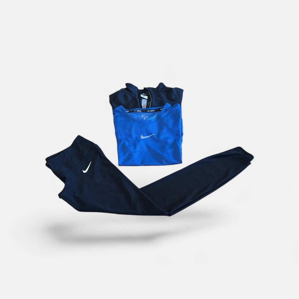 Women’s 3 piece set Nike Blue Performance Top  and Black Leggings/Black Jacket